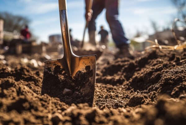 Close-up image of a shovel scooping up fill dirt, highlighting the texture and composition of the material for construction.