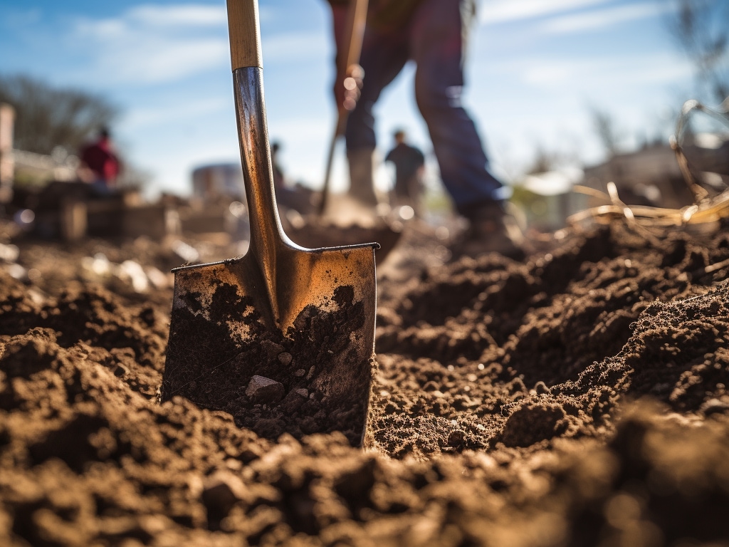 Close-up image of a shovel scooping up fill dirt, highlighting the texture and composition of the material for construction.