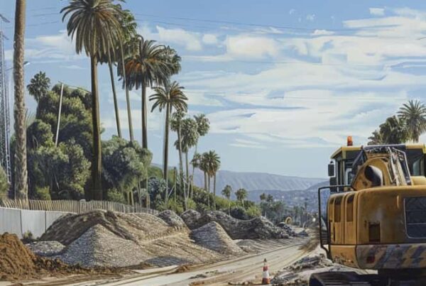 A construction site in Southern California, showing workers actively using coarse sand for road construction under clear skies.