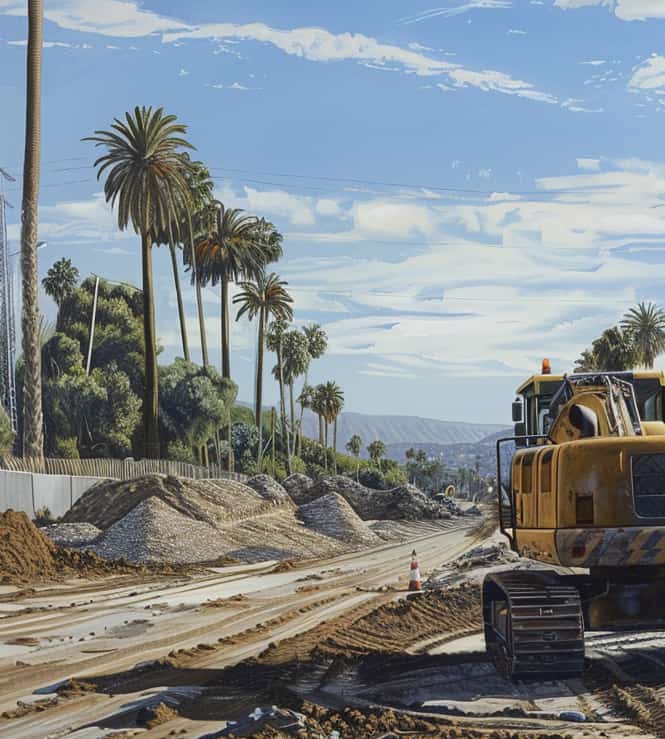 A construction site in Southern California, showing workers actively using coarse sand for road construction under clear skies.