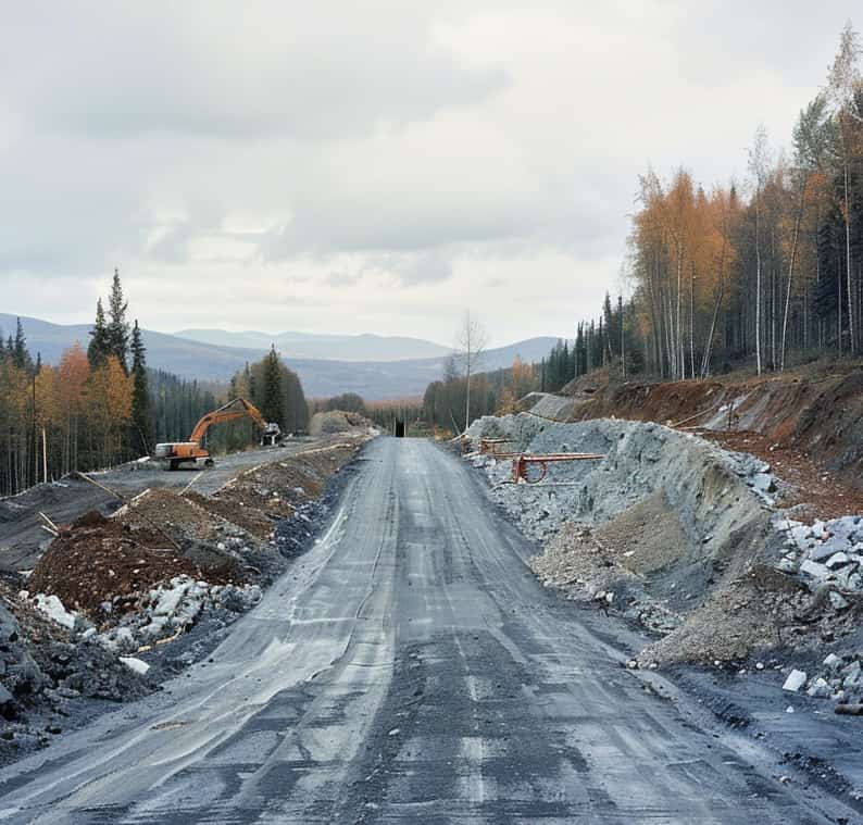 view of a road construction site where workers are using granite as the road base material.