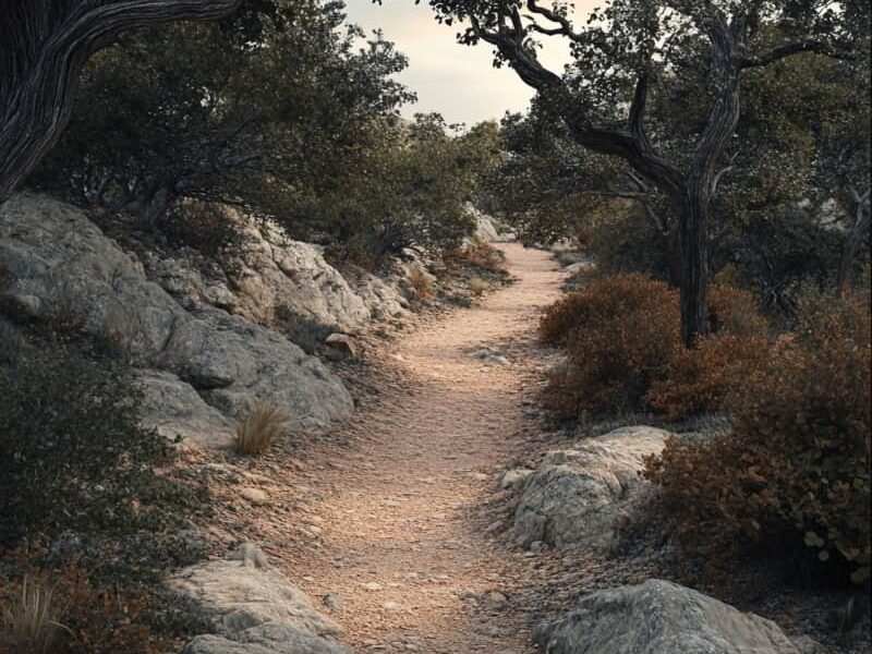 A pathway made of stabilized decomposed granite winds through a natural park with oak trees