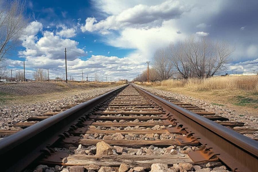 Image of rail road rails on top of stone ballast, Top and bottom railroad ballast