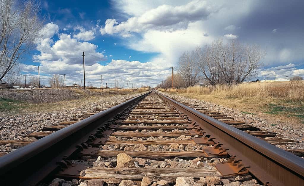 Image of rail road rails on top of stone ballast, Top and bottom railroad ballast