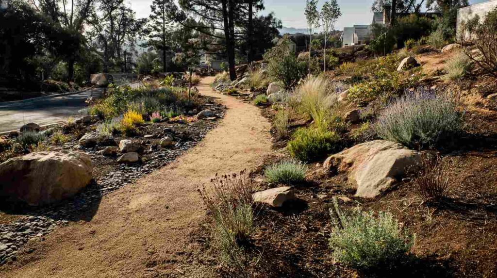 A winding trail through a landscaped hillside bordered by native plants and large rocks, demonstrating decomposed granite erosion control.