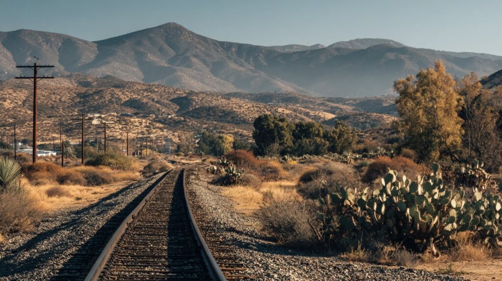 A railroad line running through a desert landscape—ideal for visualizing top vs bottom ballast differences in terrain.