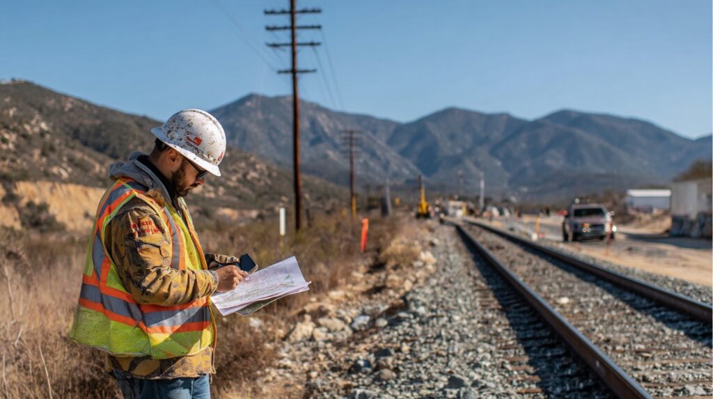 A construction worker examining rail plans beside a track—helpful for explaining top vs bottom ballast.