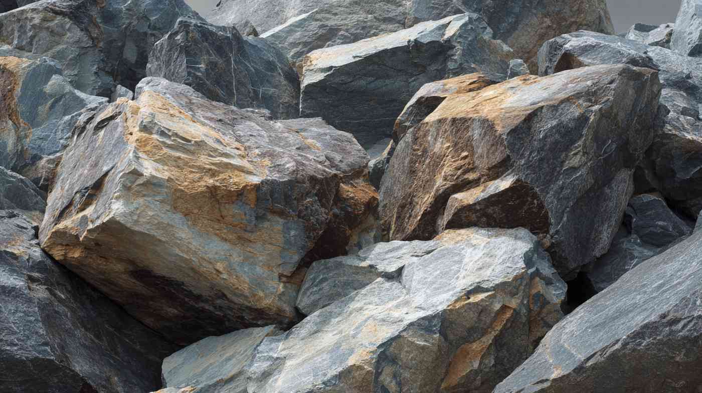 Large granite boulders stacked closely together, granite for marine projects.