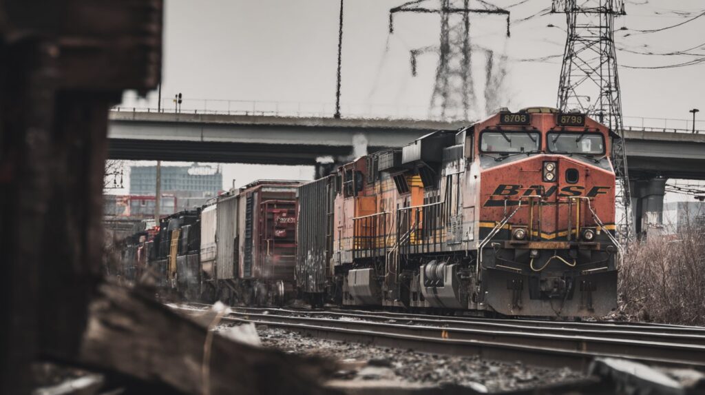 A BNSF freight train hauls granite and materials, emphasizing granite construction jobs.