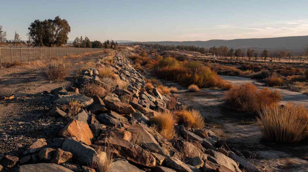 Large granite riprap lining a drainage channel in a dry, high desert setting, provided by an aggregate supplier near Barstow.