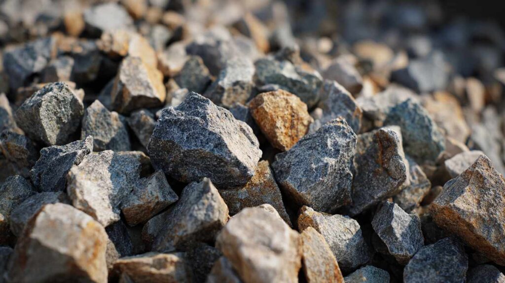 A detailed view of jagged, gray and rust-colored crushed stones—materials sourced from a high desert rock quarry.