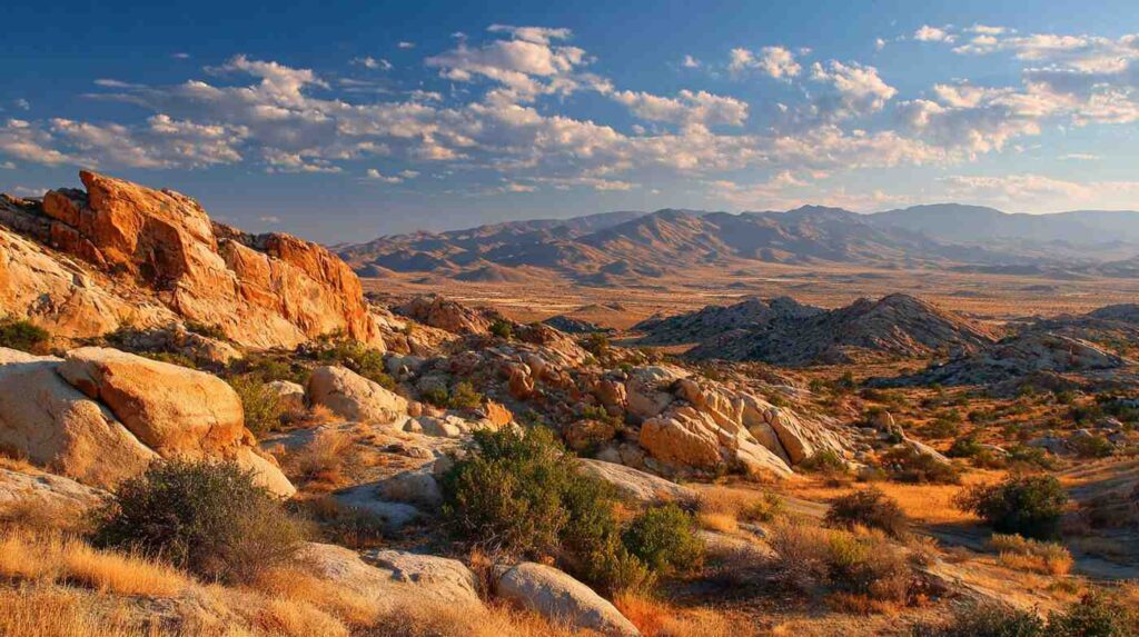 A vast desert landscape with rugged rock formations and sunlit terrain, showcasing the natural beauty of a high desert rock quarry environment.