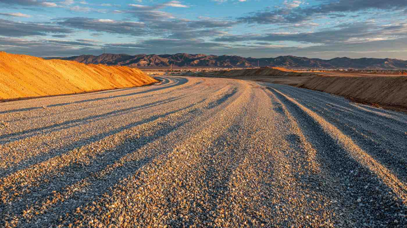 A newly prepared gravel road curves through a construction site, showcasing aggregate and fill dirt road construction.