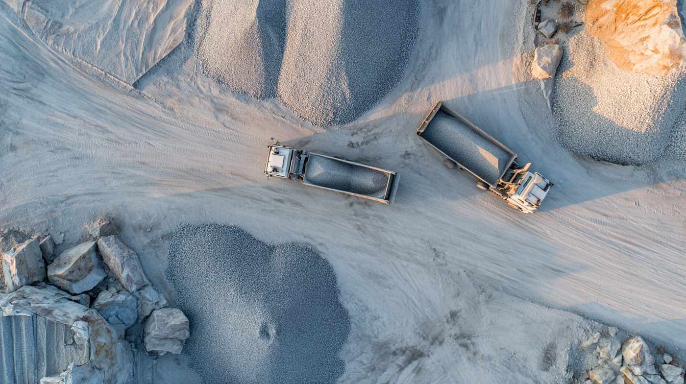 Aerial view of trucks loading gravel at a quarry site for bulk granite supply.