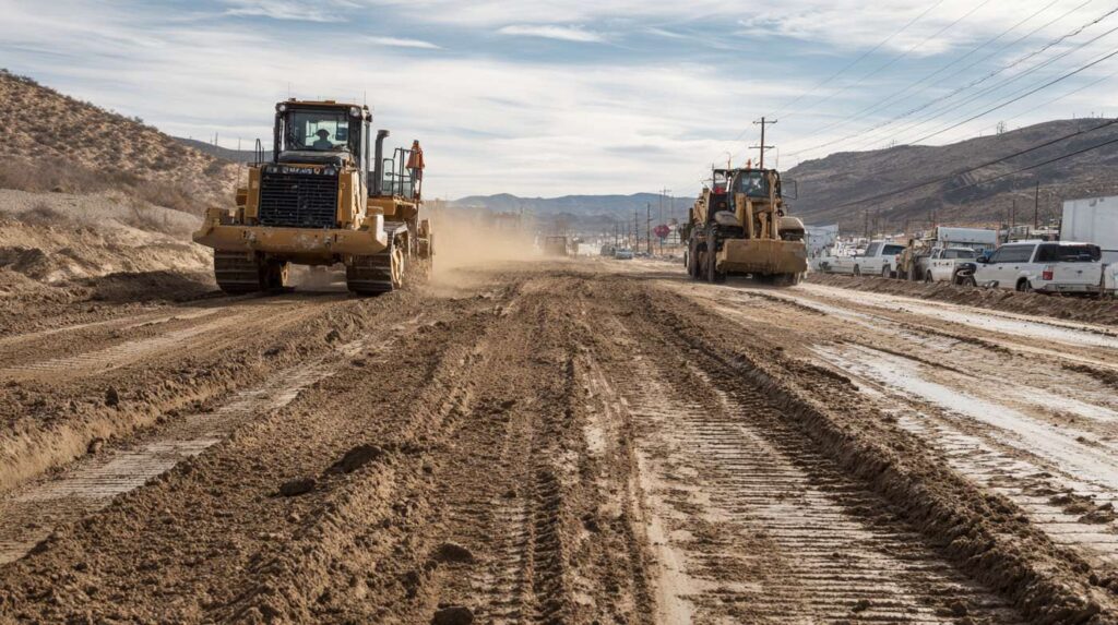 Heavy machinery grading a wide stretch of roadbed layered with construction sand, illustrating how construction sand supports road-building stability.