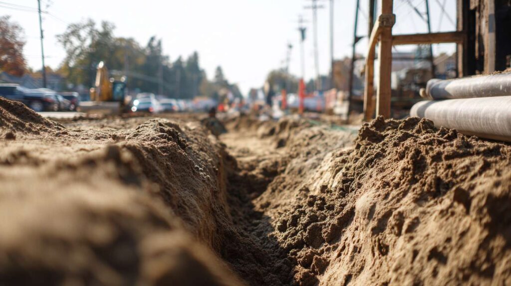A shallow utility trench filled with loose construction sand during active jobsite work, highlighting the role of construction sand in stable groundwork.