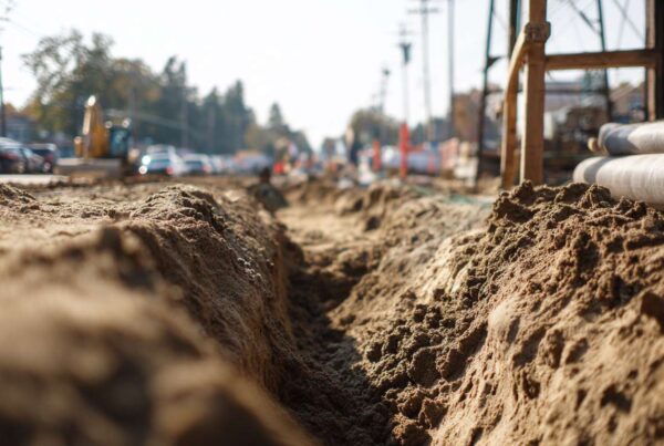 A shallow utility trench filled with loose construction sand during active jobsite work, highlighting the role of construction sand in stable groundwork.