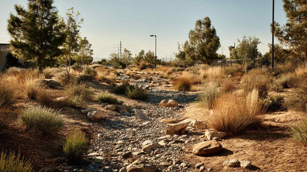 A dry landscape wash filled with drainage granite rock used for erosion control in arid climates.