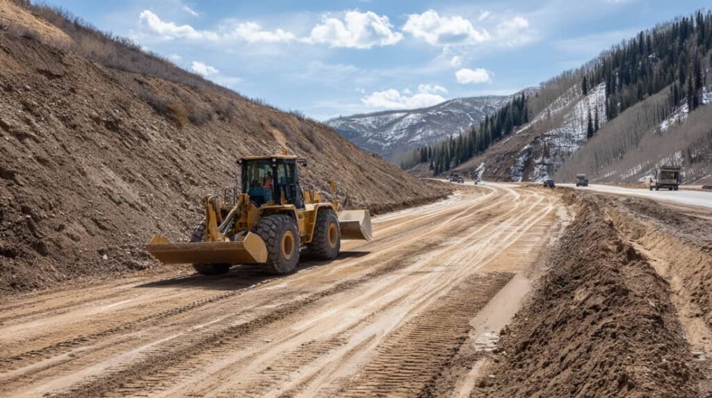 Granite rip rap used for erosion control along a construction site slope