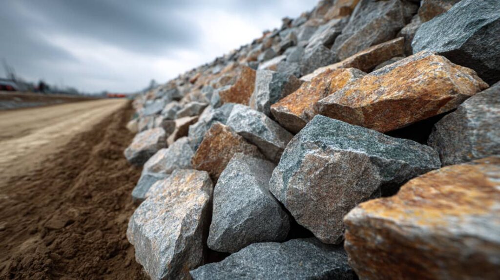Granite materials used for erosion control on a large construction site with graded slope